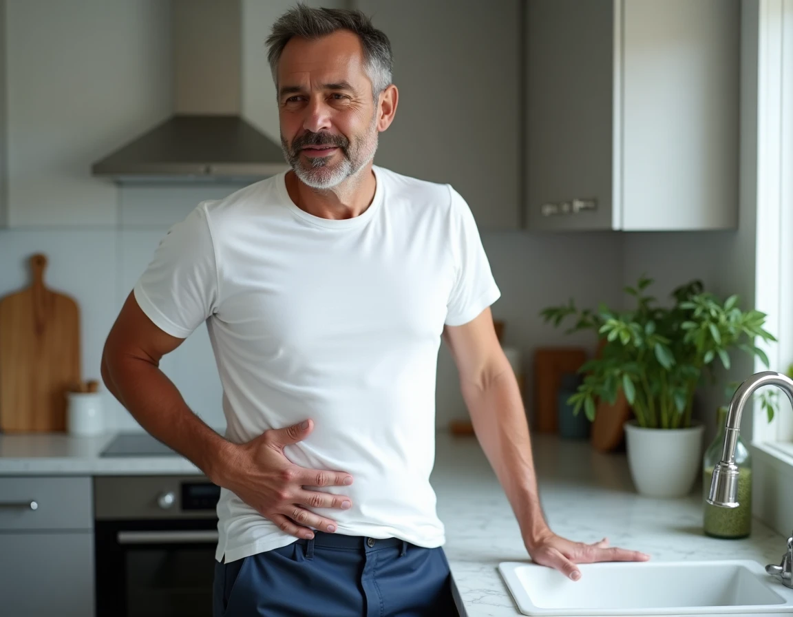 Homme d'âge moyen dans une cuisine moderne tenant son ventre avec une expression d'inconfort lié aux gaz intestinaux