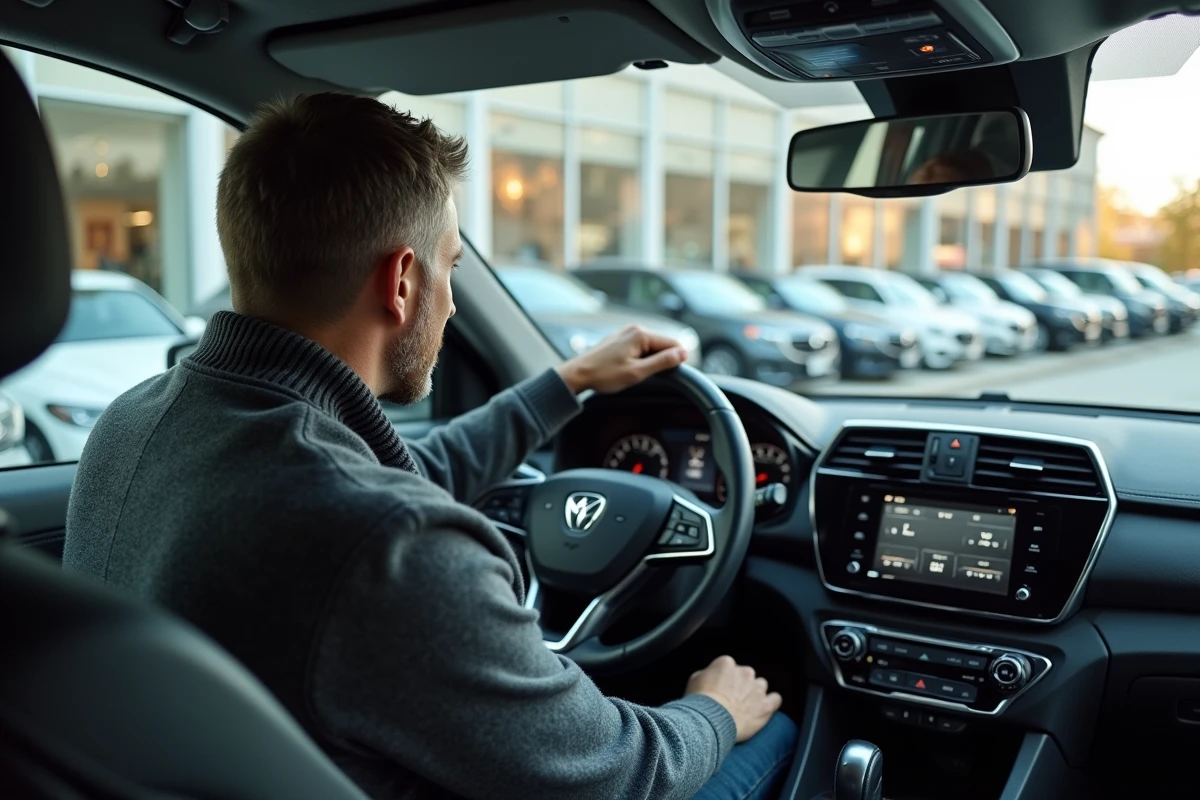 Homme examinant le tableau de bord d'un SUV compact dans une concession automobile, guide d'achat voiture 2026