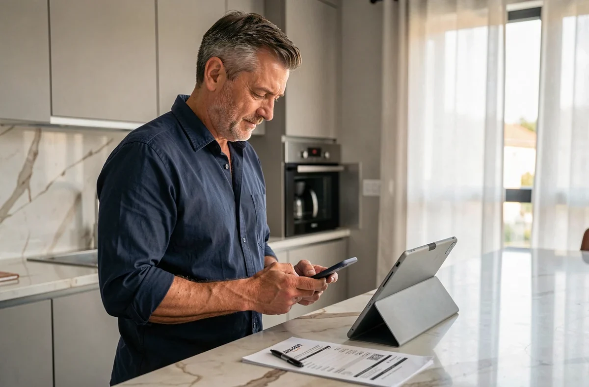 Homme consultant sa commande Amazon sur tablette avant d'appeler le support client dans sa cuisine moderne
