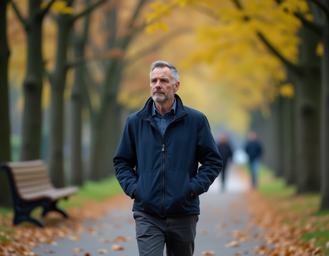 Homme se promenant seul dans un parc en automne pour diminuer son stress et se ressourcer