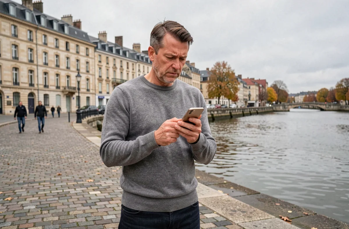 Homme consultant une application de rencontres sociales sur le quai des Chartrons à Bordeaux avec une expression méfiante