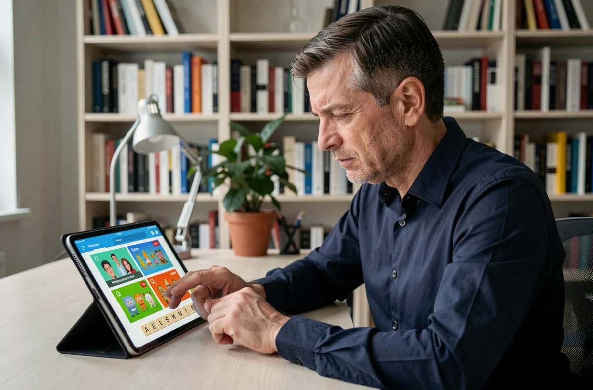 Homme adulte résolvant une grille de 9 lettres dans le jeu 4 Images 1 Mot sur tablette numérique