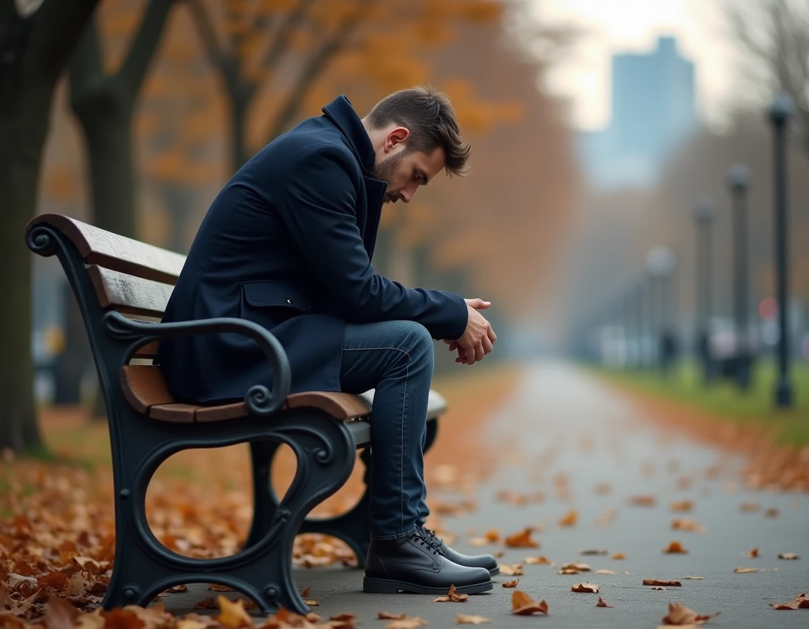 Homme seul assis sur un banc de parc en automne, posture repliée sur lui-même, exprimant la tristesse d'une peine de cœur