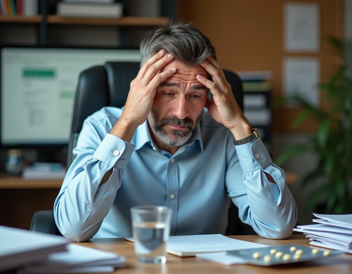 Homme stressé au bureau avec des vitamines B et un verre d'eau sur son bureau