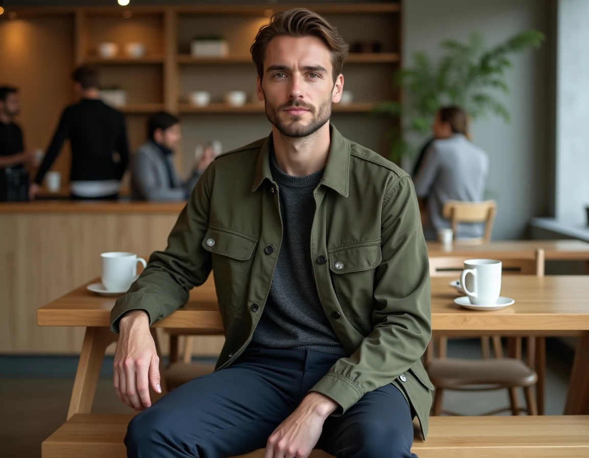 Homme tendance en veste utility olive et sneakers blancs dans un café minimaliste scandinave, tendances mode masculine 2026