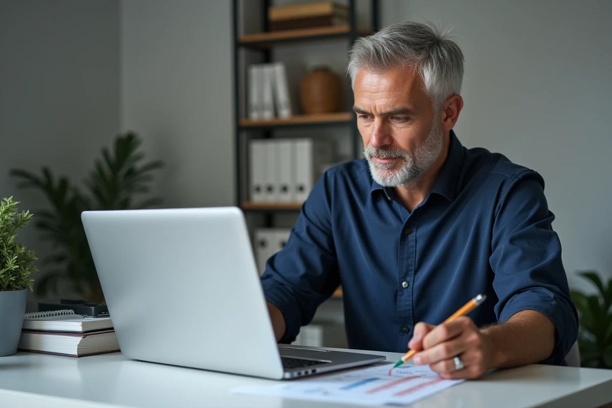 Homme travaillant sur un tableau de remboursement de dettes sur ordinateur dans son bureau à domicile