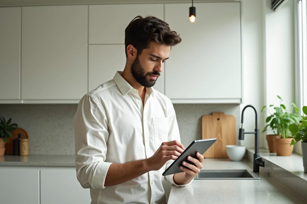 Jeune homme consultant son application bancaire en ligne sur tablette dans une cuisine moderne
