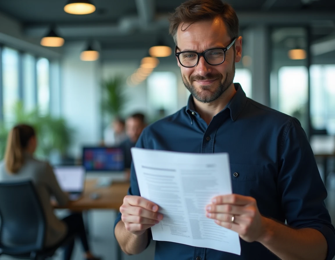 Homme d'affaires examinant attentivement un document imprimé potentiellement rédigé par une intelligence artificielle dans un bureau moderne