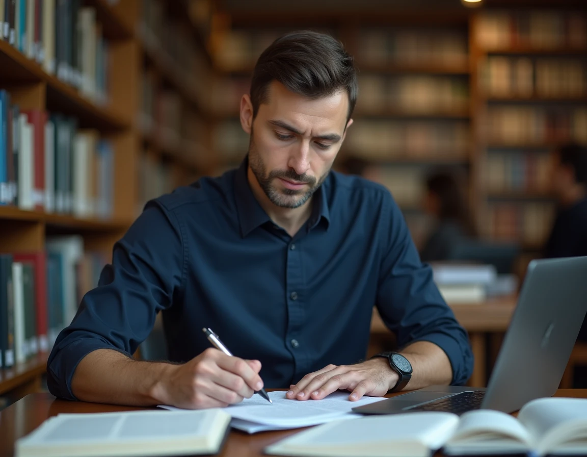 Homme en bibliothèque universitaire vérifiant les sources d'une réponse ChatGPT sur des documents imprimés