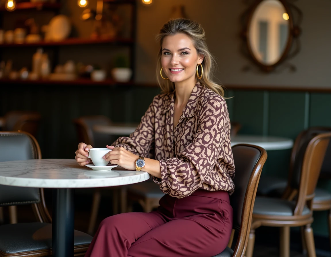 Femme assumée aux cheveux gris portant un chemisier en soie géométrique dans un café élégant, symbole de style personnel affirmé