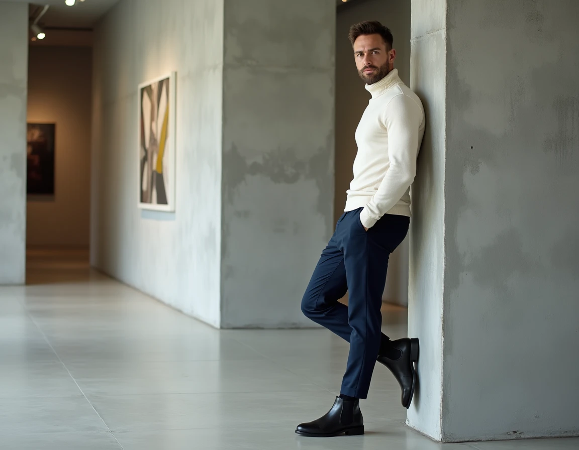 Homme stylé en col roulé ivoire et pantalon marine dans une galerie d'art contemporaine, incarnant une élégance masculine épurée