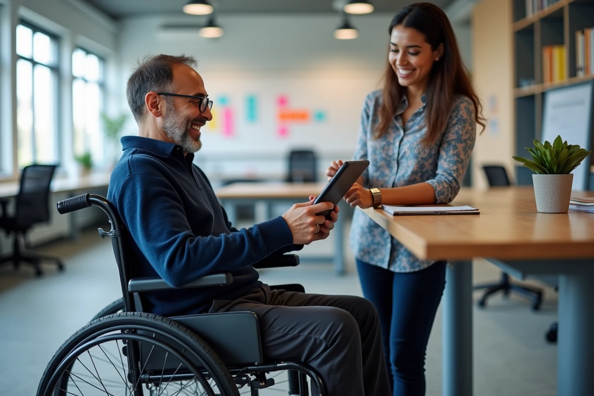 Un homme en fauteuil roulant et une collègue travaillant ensemble dans un espace de travail accessible, symbolisant l'inclusion professionnelle et le handicap