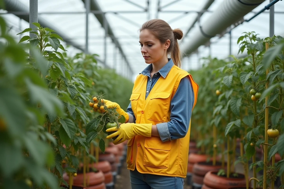 Agricultrice en serre industrielle inspectant des plants de tomates malades, mettant en évidence les risques de maladies en agriculture intensive