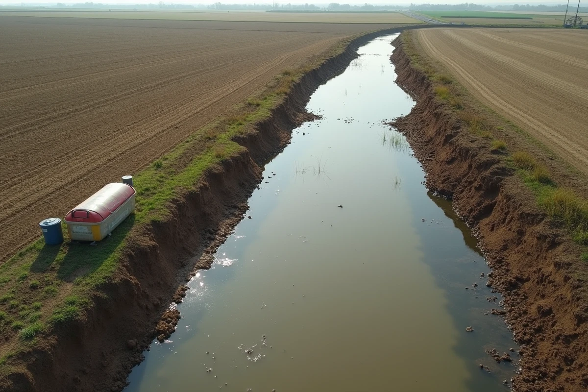 Ruissellement chimique agricole dans un fossé de drainage en bordure d'un champ labouré, illustrant la pollution des sols et de l'eau par l'agriculture intensive