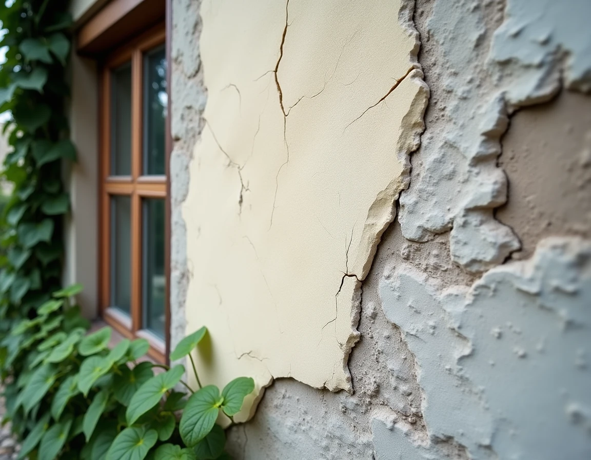 Mur extérieur en enduit de chaux fissuré et écaillé illustrant les problèmes de durabilité et d'entretien associés à ce matériau