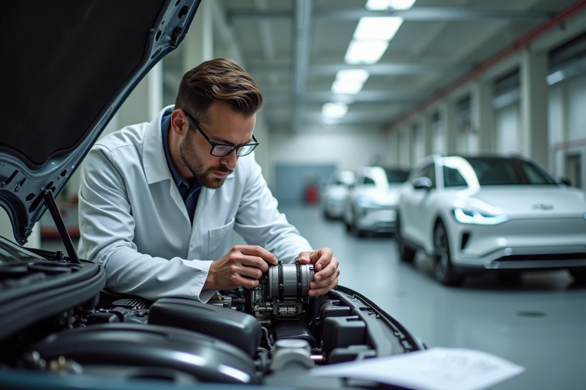 Ingénieur automobile inspectant un moteur électrique dans un laboratoire de recherche sur les véhicules du futur