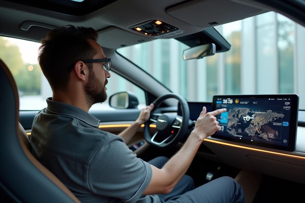 Ingénieur automobile interagissant avec un tableau de bord numérique avancé à écran incurvé dans l'habitacle d'une voiture connectée 2026