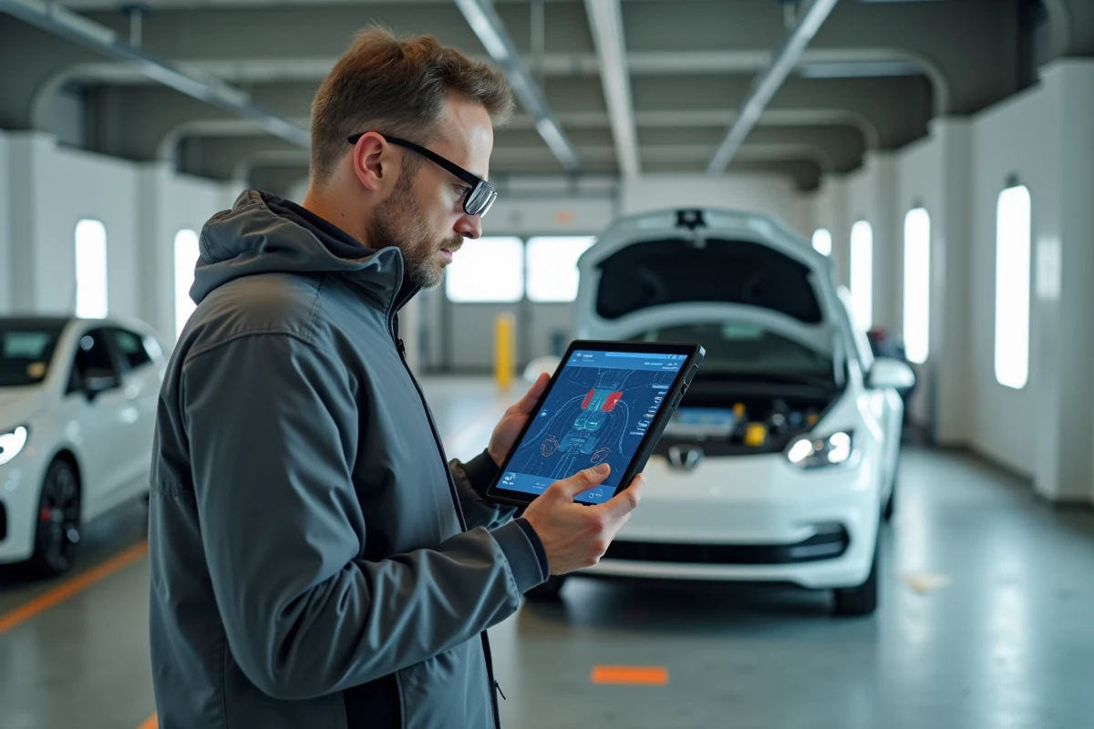 Ingénieur automobile analysant les données de capteurs d'un véhicule autonome de niveau 5 en laboratoire
