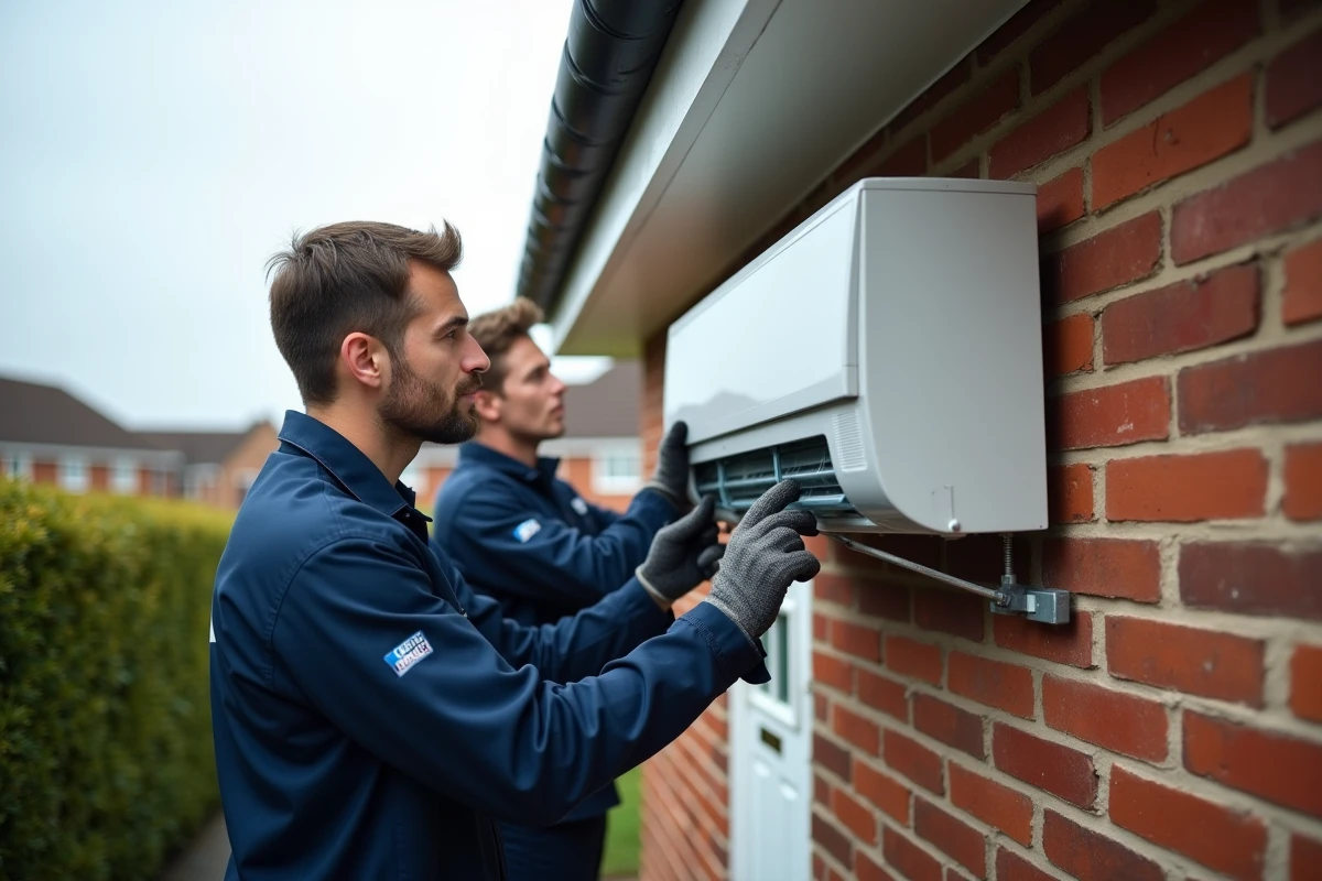 Deux techniciens posant une pompe à chaleur air-air sur la façade extérieure d'une maison individuelle lors de travaux de rénovation énergétique