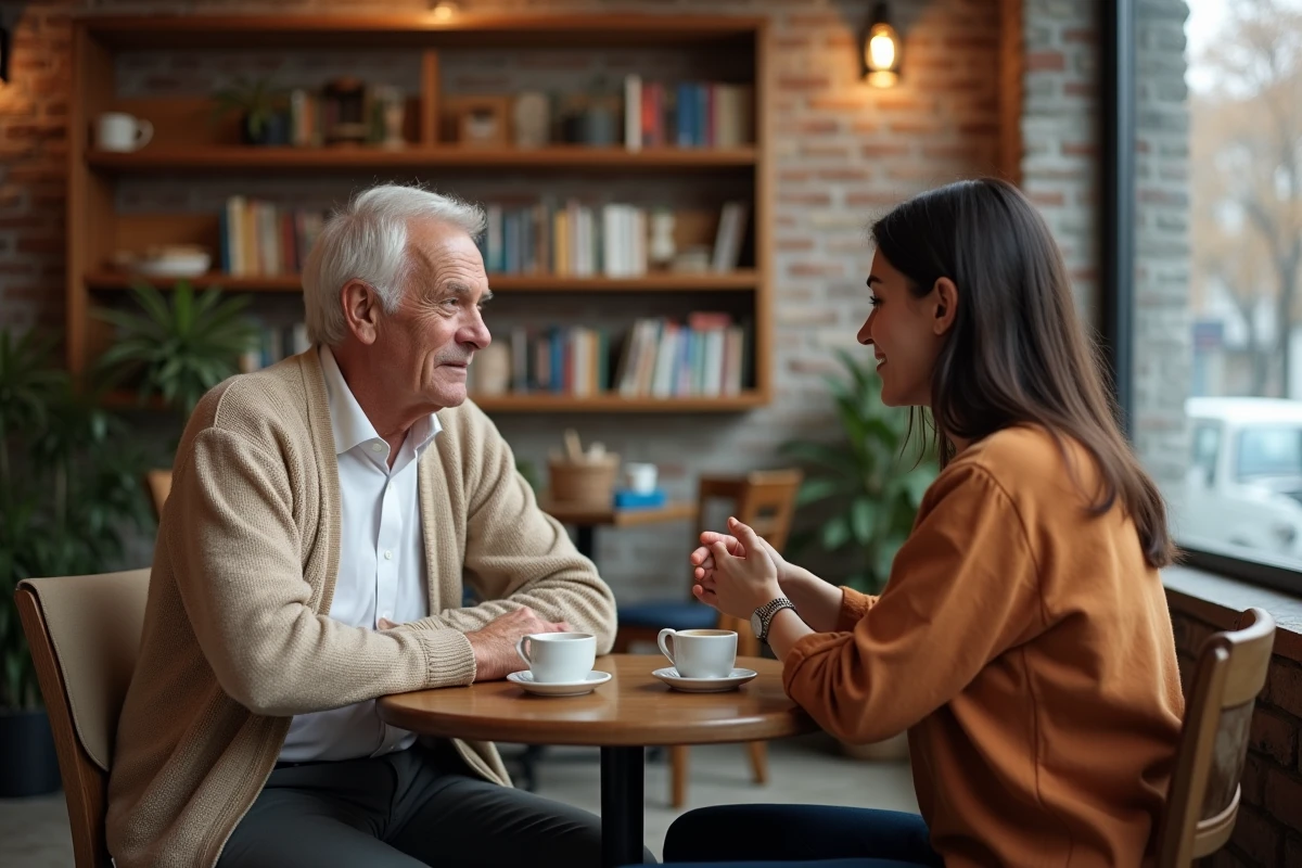 Un homme plus âgé et une jeune femme en conversation sincère dans un café, illustrant la confiance intergénérationnelle