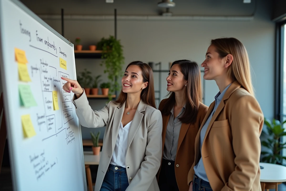 Une équipe de trois professionnels collaborant devant un tableau blanc, représentant la confiance au sein d'un groupe de travail