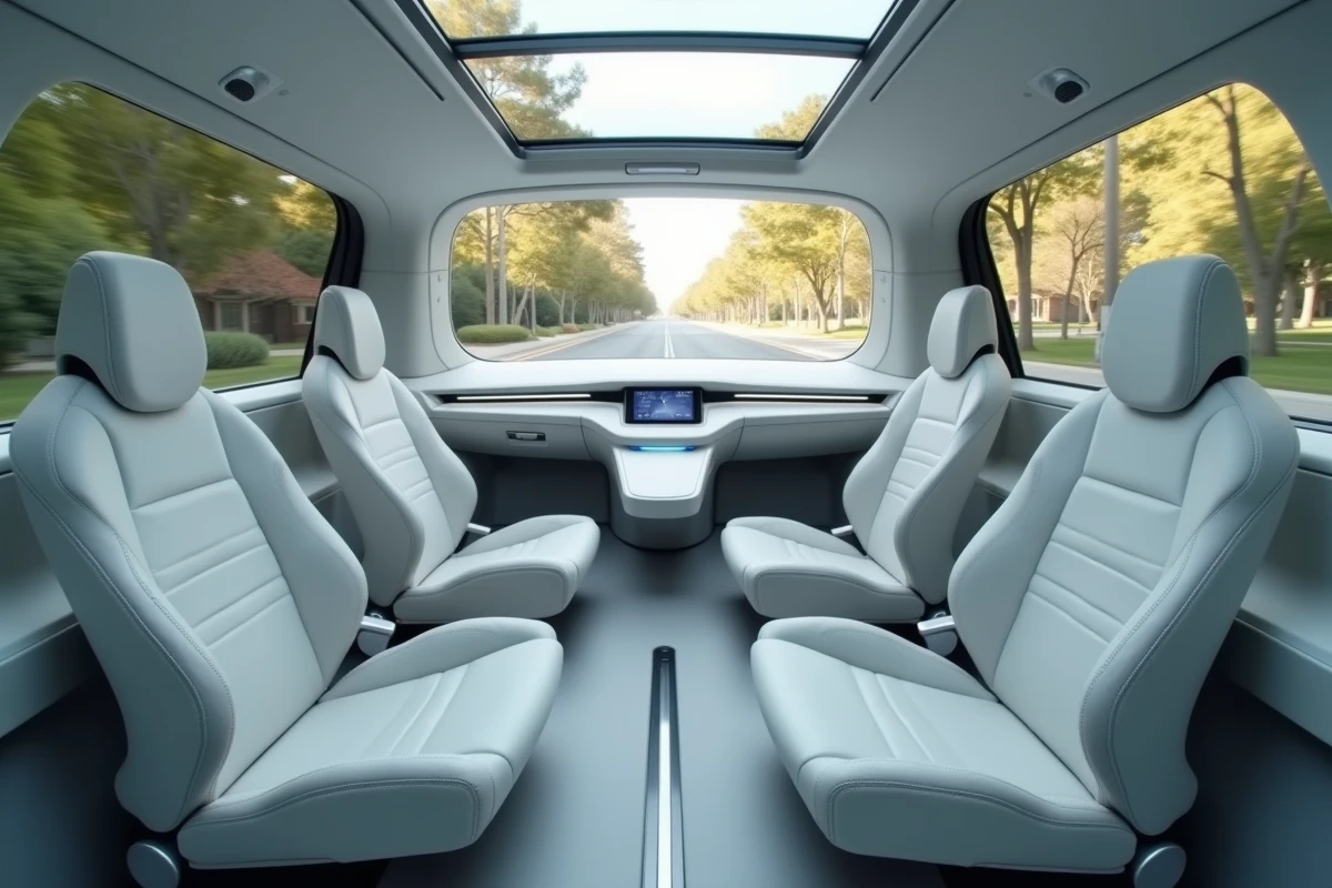 Intérieur d'un habitacle de voiture autonome niveau 5 sans volant avec sièges orientables face à face