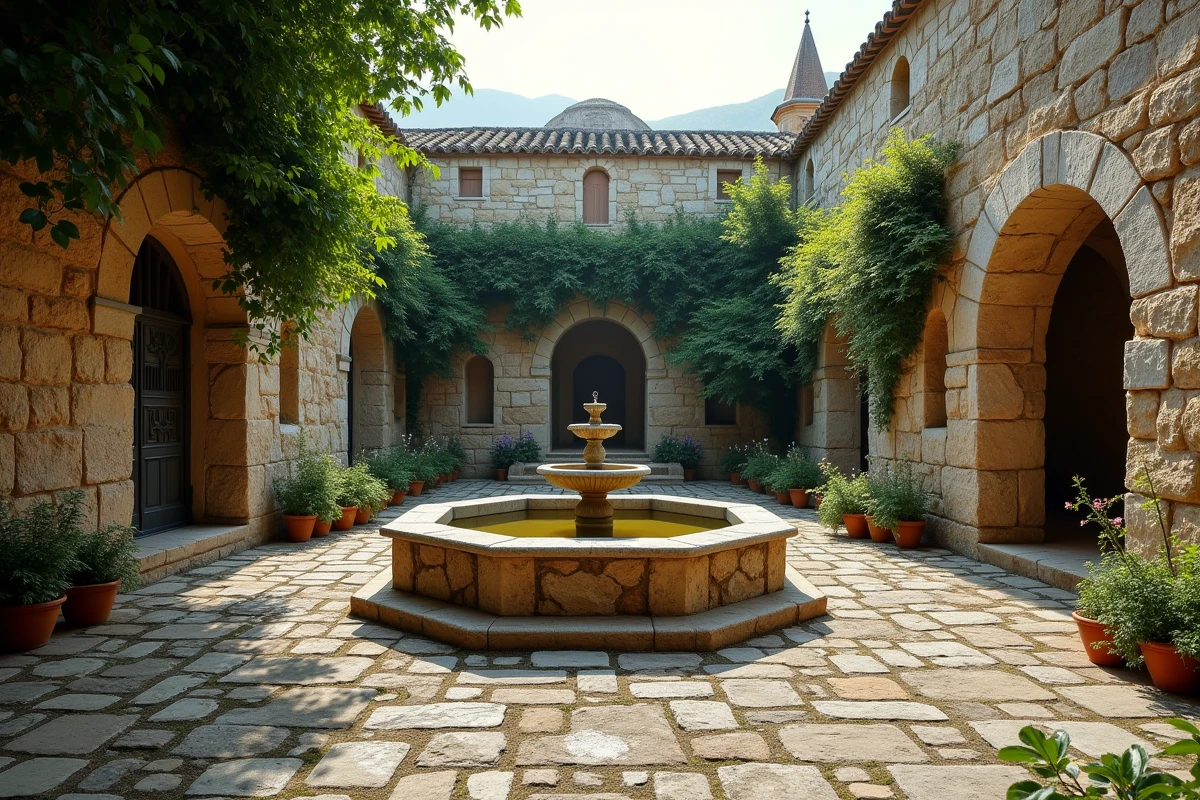Jardin clos médiéval avec fontaine en pierre et roses grimpantes évoquant l'Éden paradisiaque