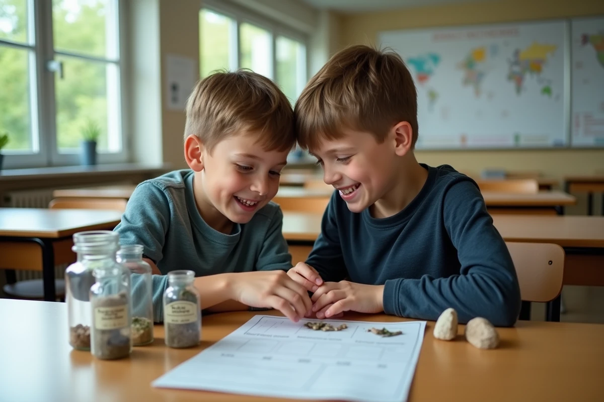 Deux élèves explorant un jeu scientifique sensoriel sur leurs bureaux en salle de classe