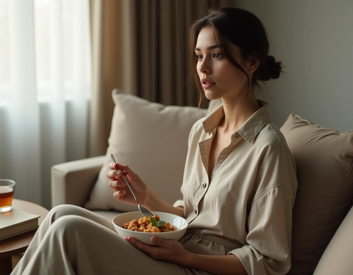 Jeune femme assise sur un canapé tenant un bol de nourriture sans manger, regard perdu vers la fenêtre dans un salon calme