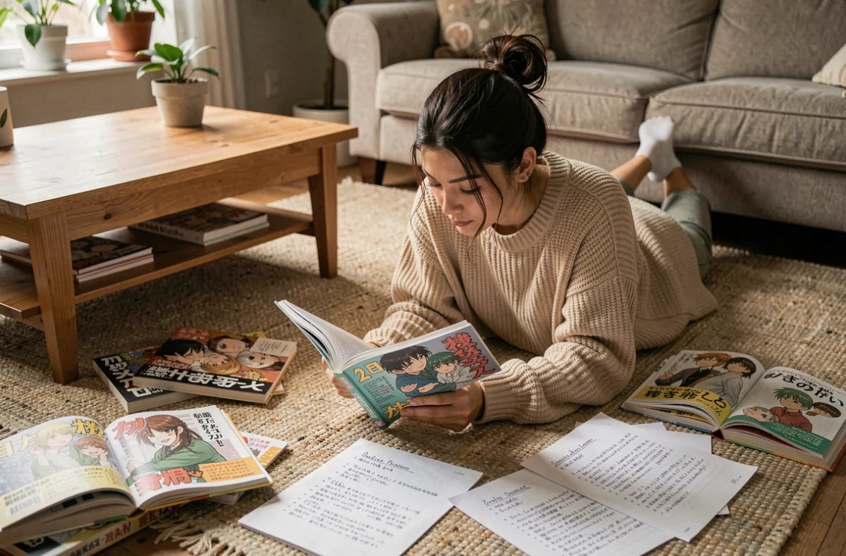 Jeune femme lisant un résumé de chapitre One Piece entourée de mangas et de notes manuscrites