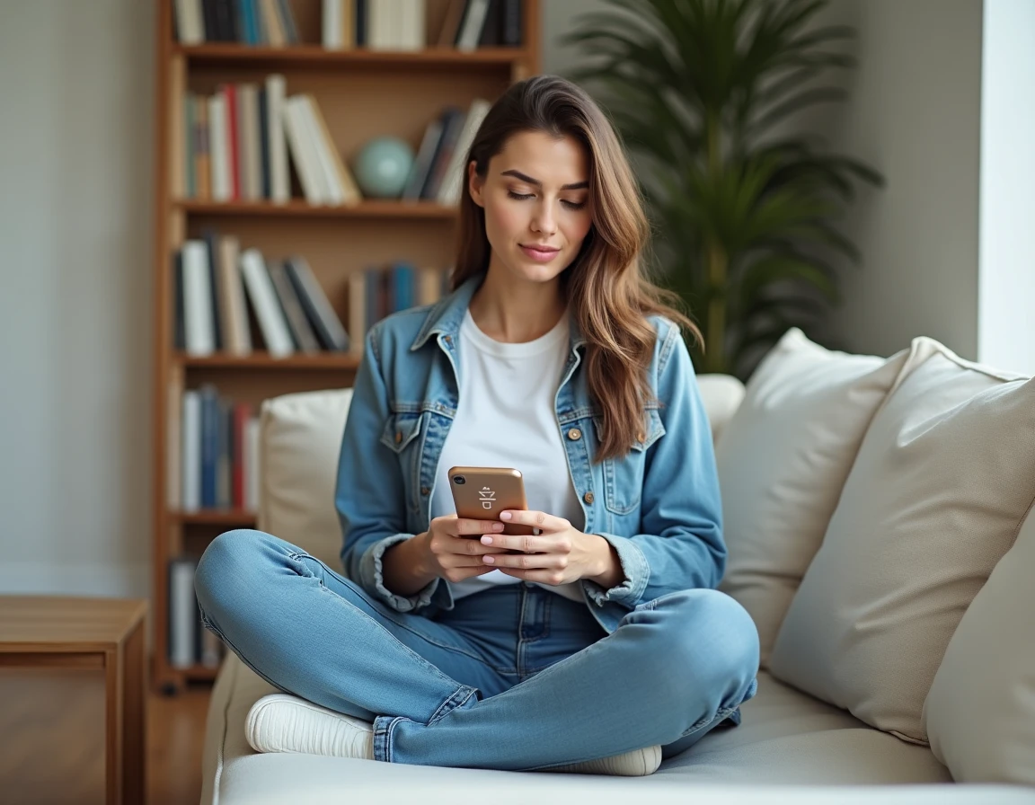 Jeune femme cherchant le symbole environ sur le clavier de son smartphone dans un salon moderne