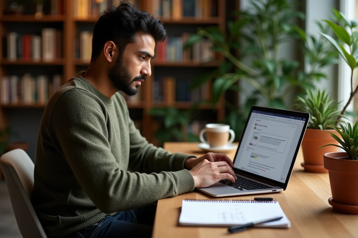 Jeune professionnel consultant des offres de mobilité interne sur son ordinateur portable dans un espace de coworking moderne