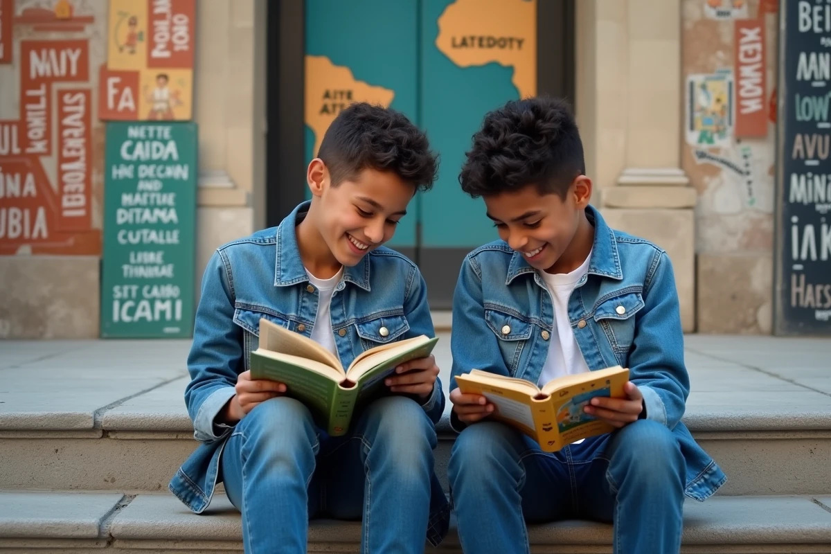 Deux adolescents de cultures différentes lisant ensemble des livres en langues étrangères devant une fresque murale multiculturelle urbaine