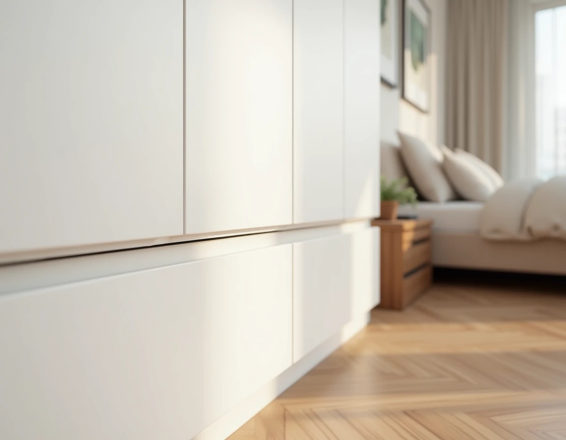 Résultat final d'un joint en silicone blanc entre une armoire encastrée et un mur dans une chambre minimaliste