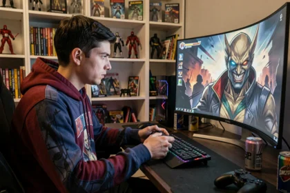Joueur de jeux vidéo concentré face à un écran affichant un boss inspiré de l'univers Spiderman