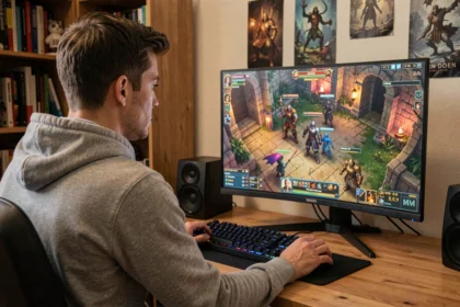 Joueur concentré devant un écran affichant un donjon de MMORPG fantastique, illustrant la difficulté d'un succès dans Dofus