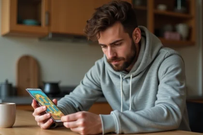 Jeune homme concentré jouant à Monopoly GO sur son smartphone à table dans une cuisine moderne