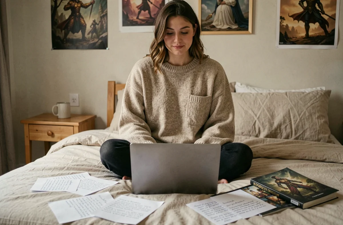 Joueuse prenant des notes sur la durée et le niveau conseillé d'un succès dans un jeu de rôle en ligne type Dofus
