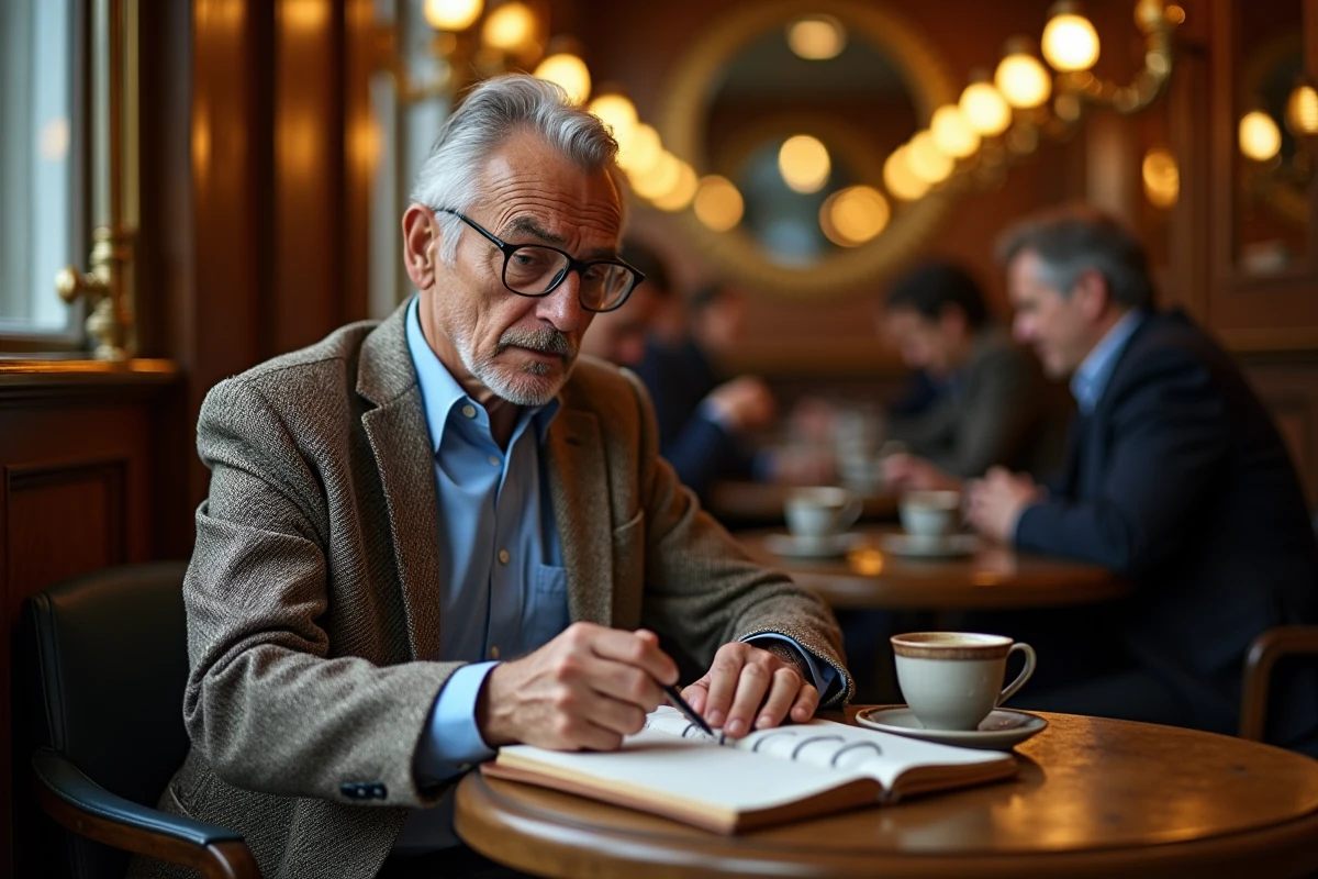 Journaliste économique en réflexion dans une brasserie parisienne, prenant des notes dans un carnet, évoquant le parcours éditorial de Philippe Mabille