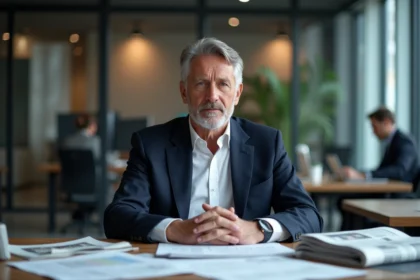 Journaliste économique senior concentré sur des documents dans une rédaction moderne, illustrant le profil de Philippe Mabille