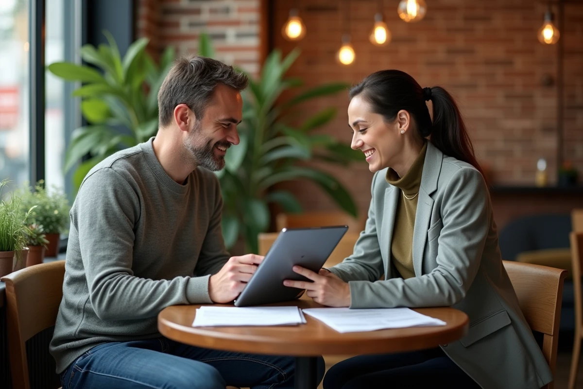 Deux entrepreneurs en discussion pour lancer une activité sans apport financier dans un café de travail