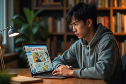 Jeune homme consultant un site de lecture de manga en ligne sur son ordinateur portable, s'interrogeant sur la légalité des scans