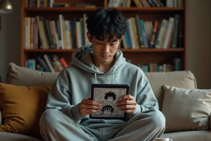 Jeune homme lisant le scan One Piece sur tablette dans son salon sans se faire spoiler