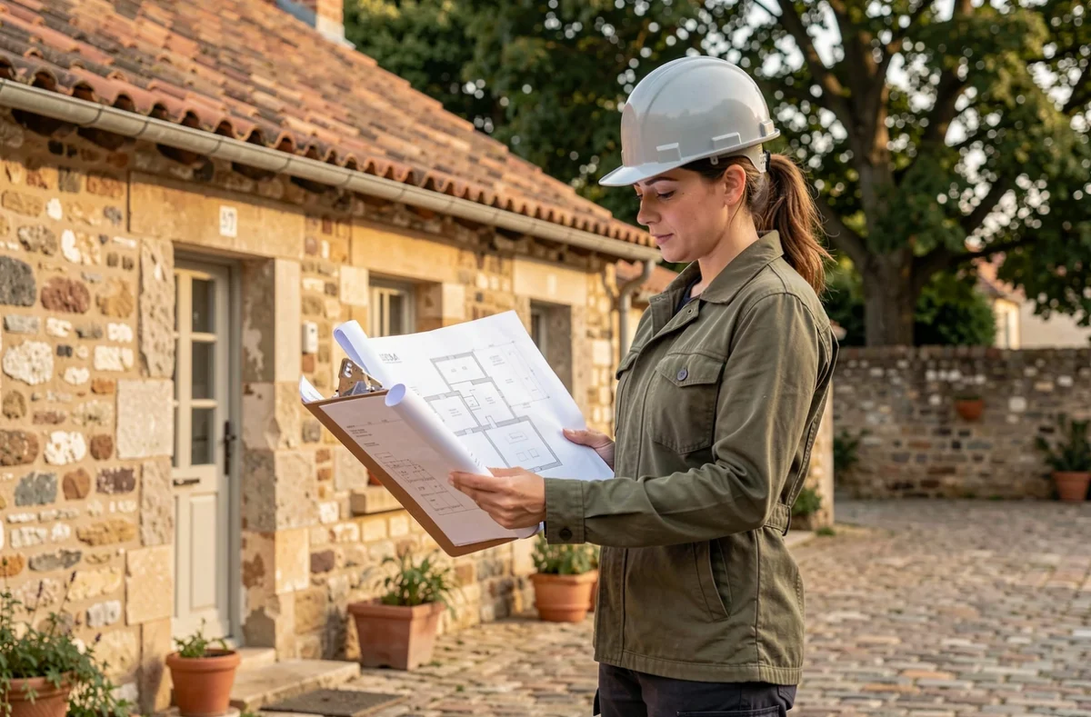 Louise Berthy, professionnelle de la couverture, examinant des plans devant une maison en pierre restaurée dans un village de l'Oise