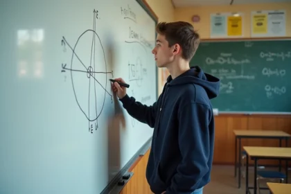 Lycéen traçant un diagramme de forces sur un tableau blanc en cours de physique mécanique