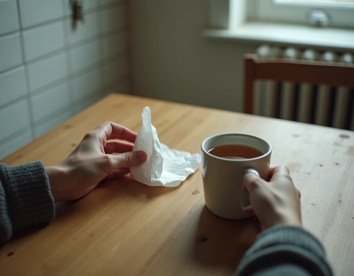 Gros plan sur des mains près d'une tasse de thé froide et un mouchoir froissé sur une table en bois, symbolisant la douleur émotionnelle silencieuse