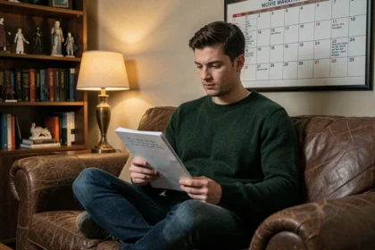 Homme planifiant un marathon cinéma Le Seigneur des Anneaux avec un calendrier et des figurines Tolkien en arrière-plan