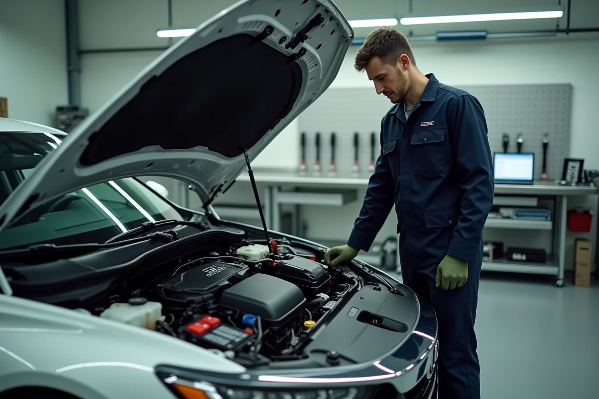 Mécanicien inspectant le moteur d'une voiture hybride Honda dans un garage automobile professionnel
