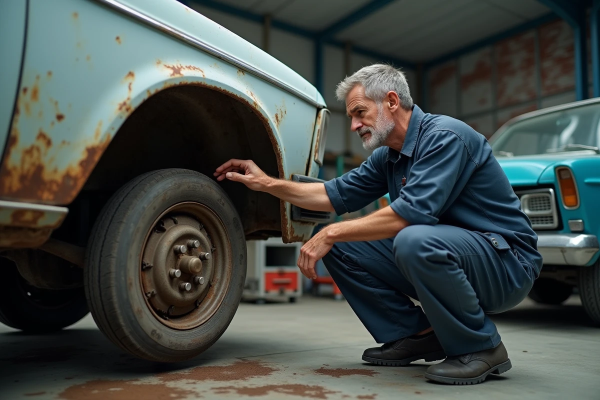 Mécanicien inspectant la rouille et l'usure des freins d'une voiture ancienne avec beaucoup de kilomètres dans un garage automobile