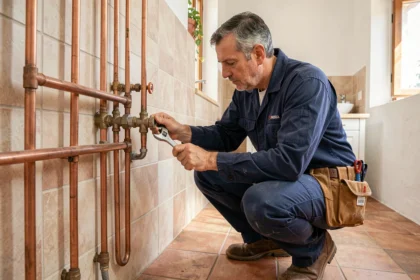 Plombier professionnel dans l'Aude travaillant sur des canalisations en cuivre dans une salle de bain carrelée